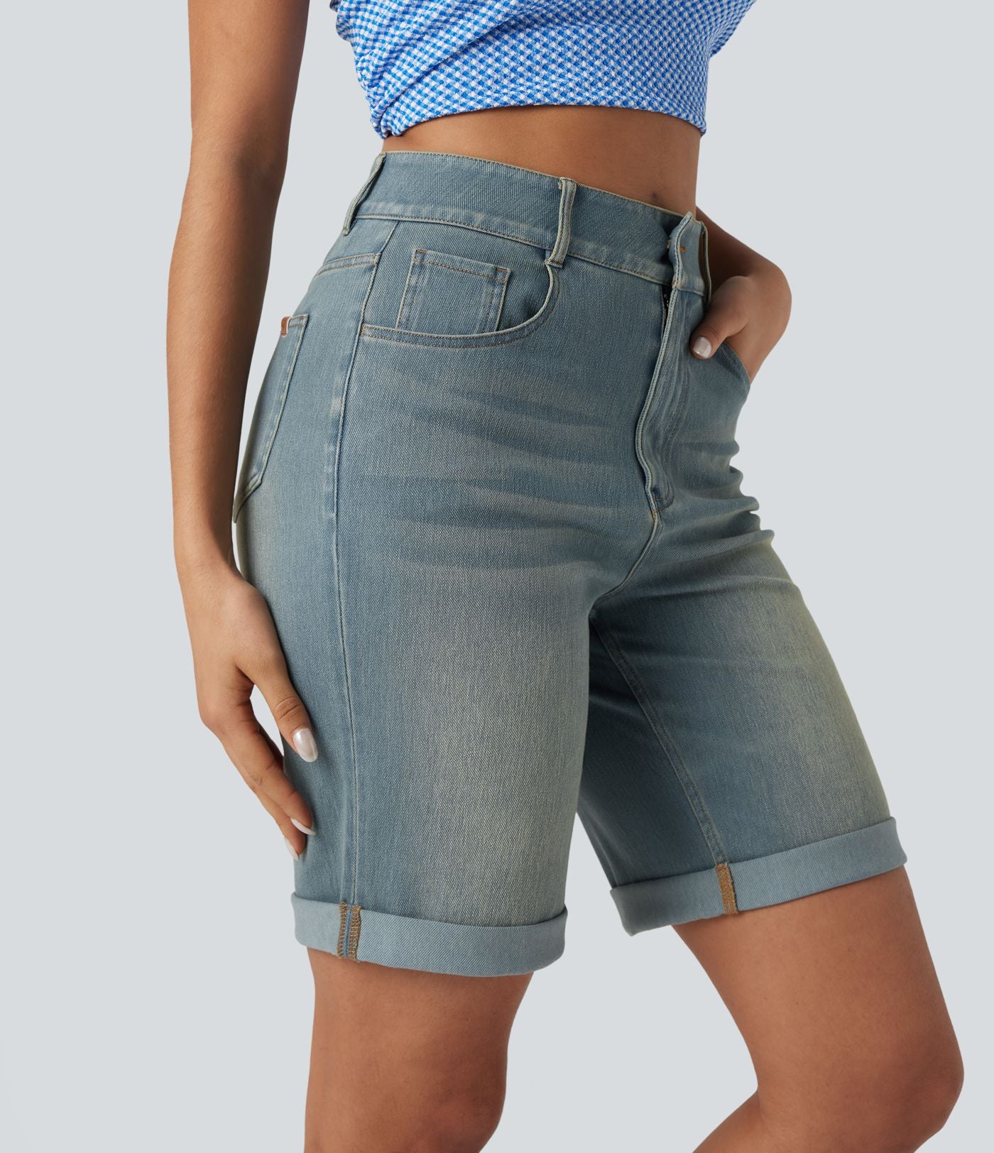 Bermuda décontracté en jean extensible délavé Halara Flex™ taille haute avec revers et multiples poches