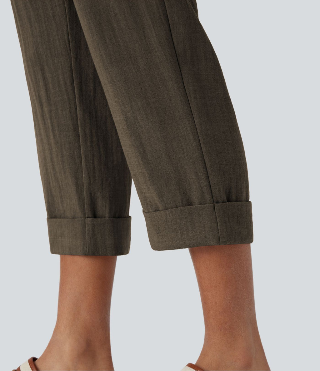 Pantalon capri effet lin taille haute avec poches zippées