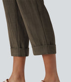 Pantalon capri effet lin taille haute avec poches zippées