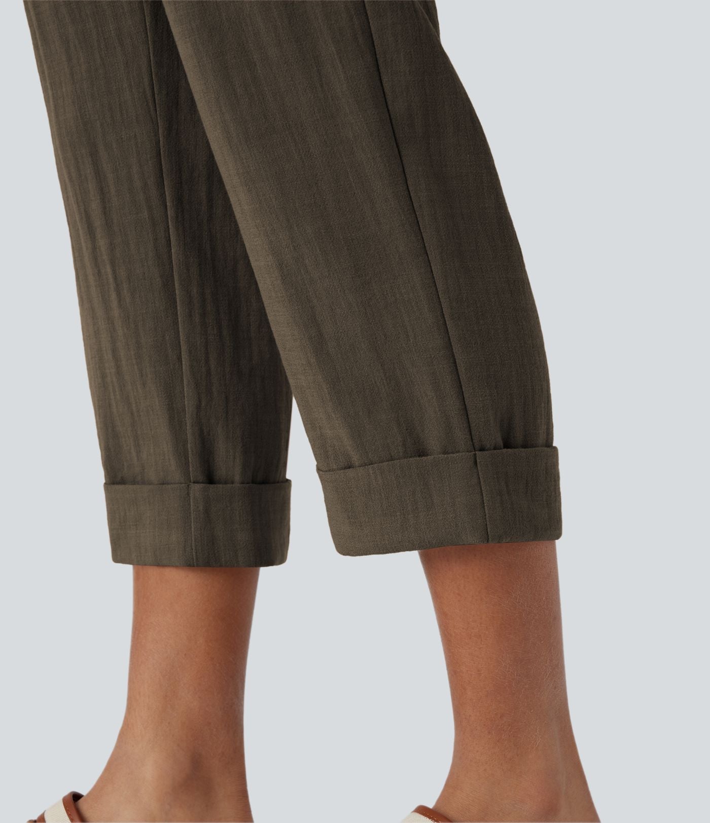 Pantalon capri effet lin taille haute avec poches zippées