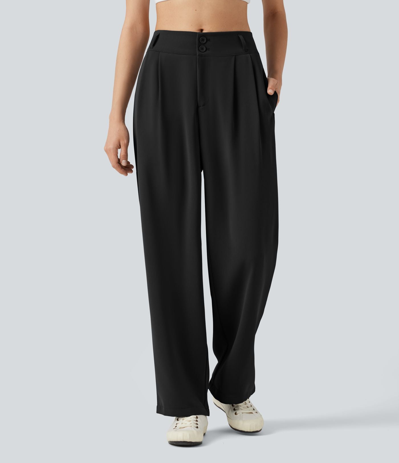 Pantalon tailleur Halara Flex™ à taille mi-haute, coupe droite et froncée, avec poches