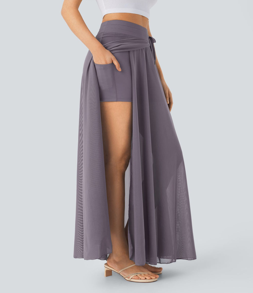 Jupe longue fluide 2-en-1 taille haute avec empiècements en résille