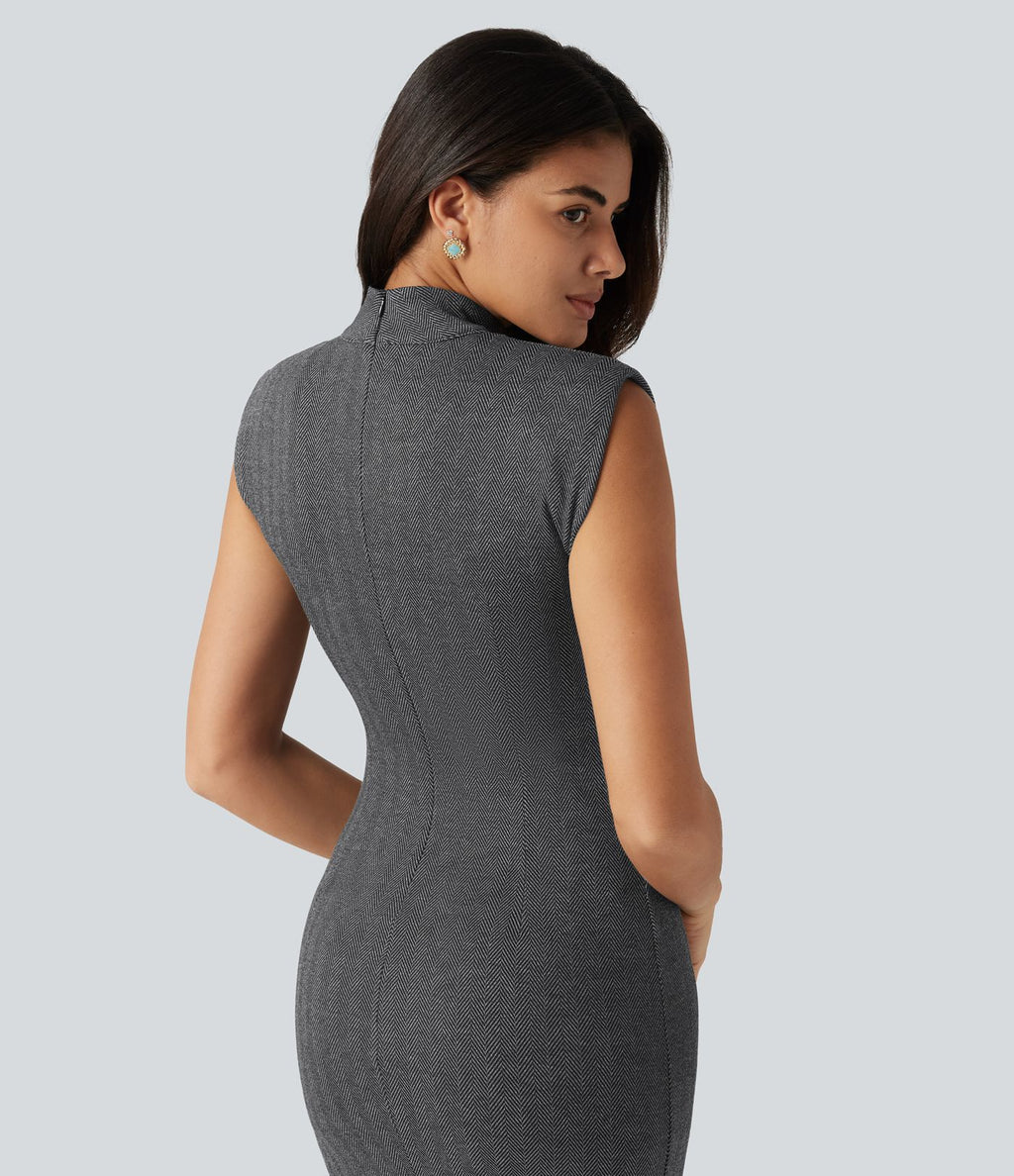 Robe midi moulante esprit bureau à motif, col montant et sans manches