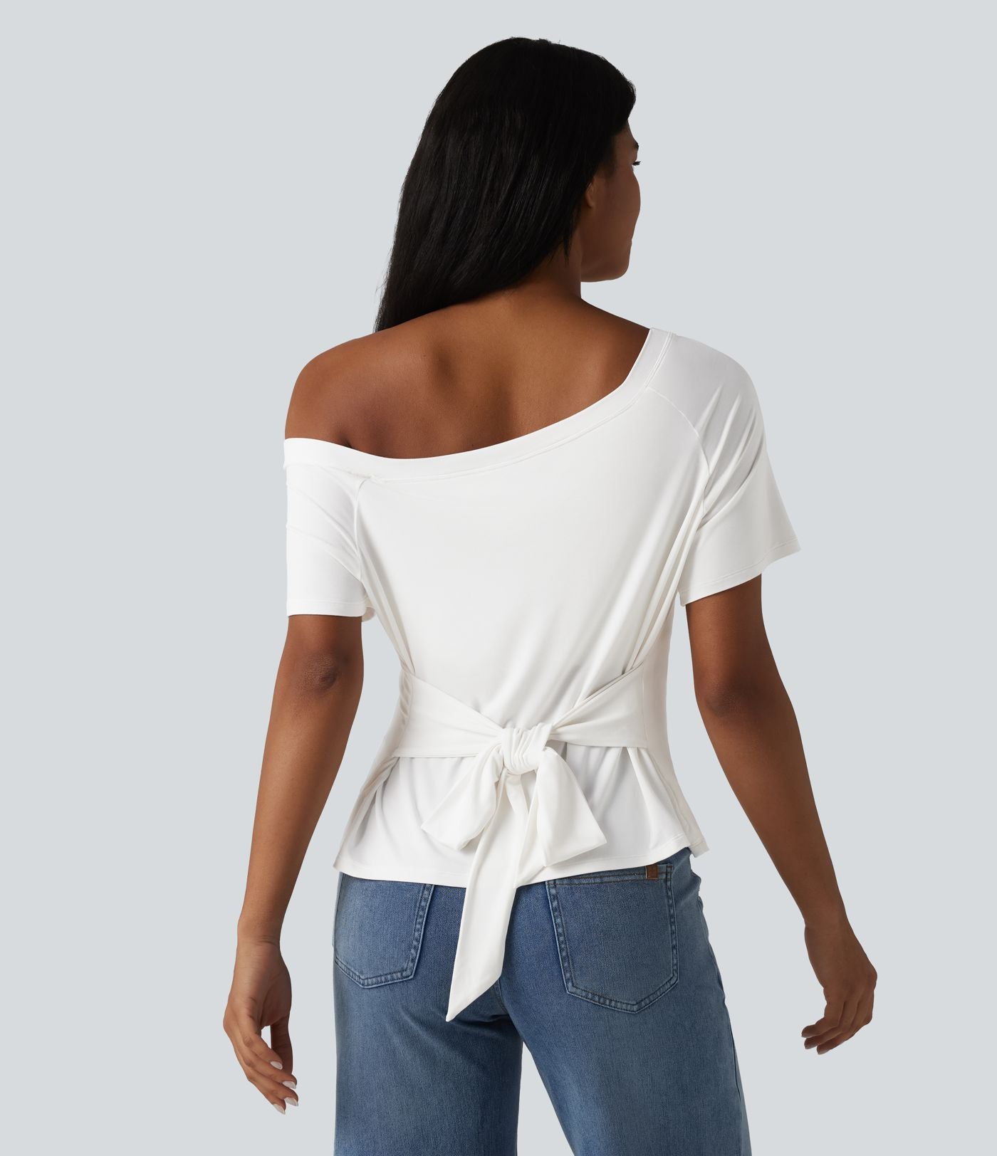 T-shirt décontracté asymétrique manches courtes soutien-gorge intégré nœud devant