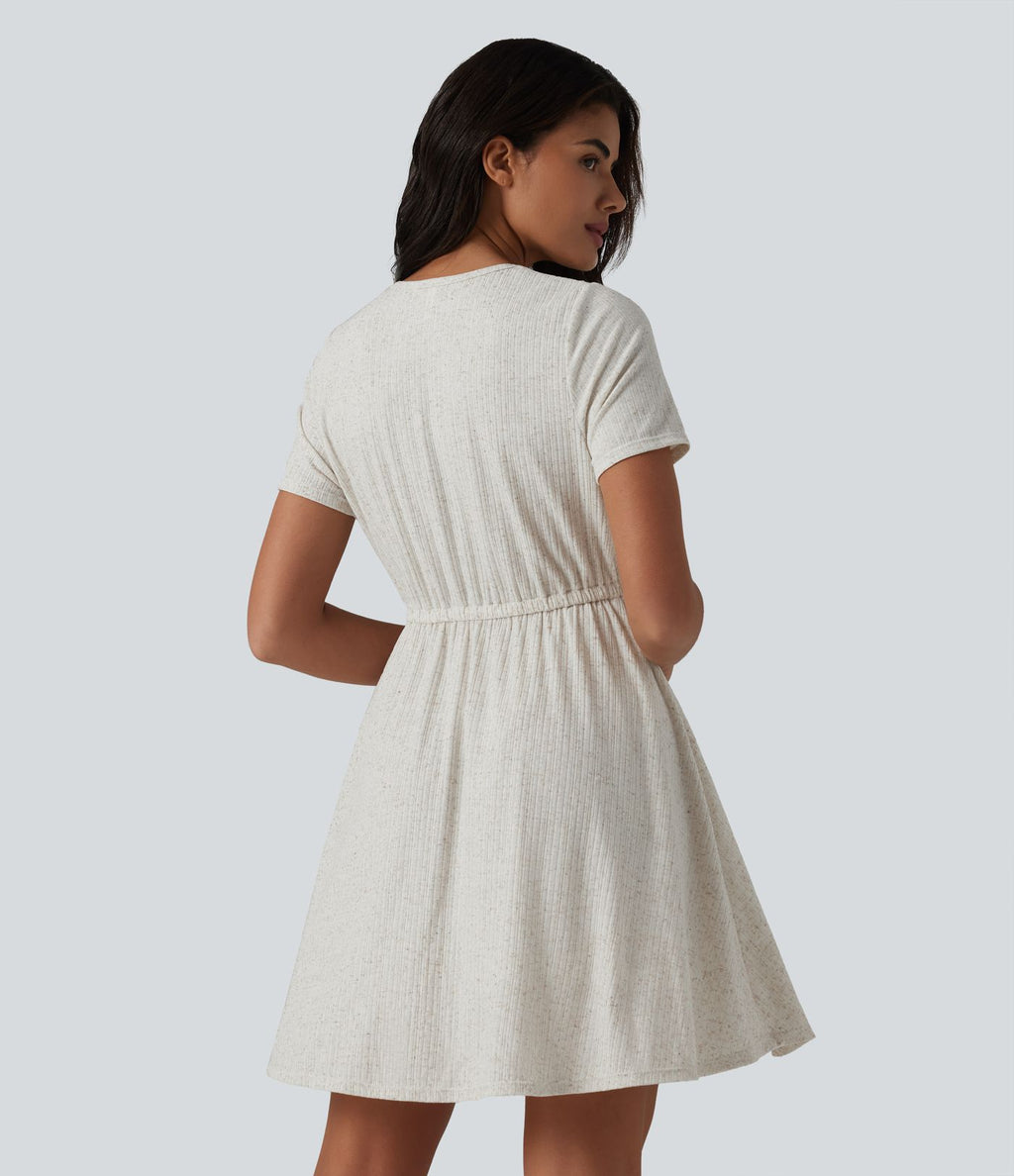 Robe mini évasée décontractée, maille côtelée en lin mélangé,  col V, manches courtes