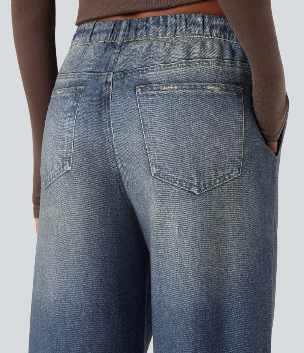 Jogging jean décontracté en molleton French Terry imprimé denim taille mi-haute avec poches