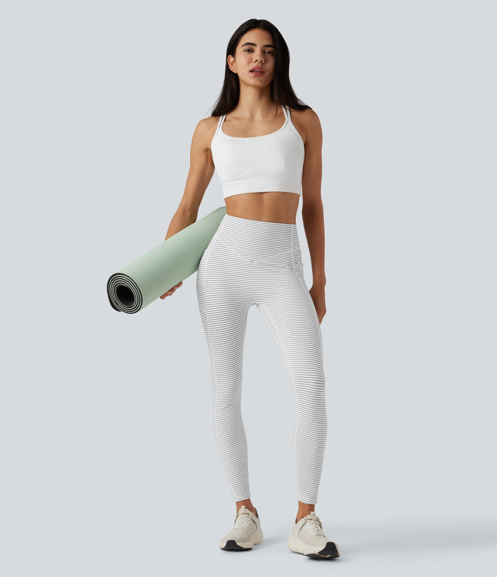Legging de yoga 7/8 taille haute gainant à rayures et fronces avec poches
