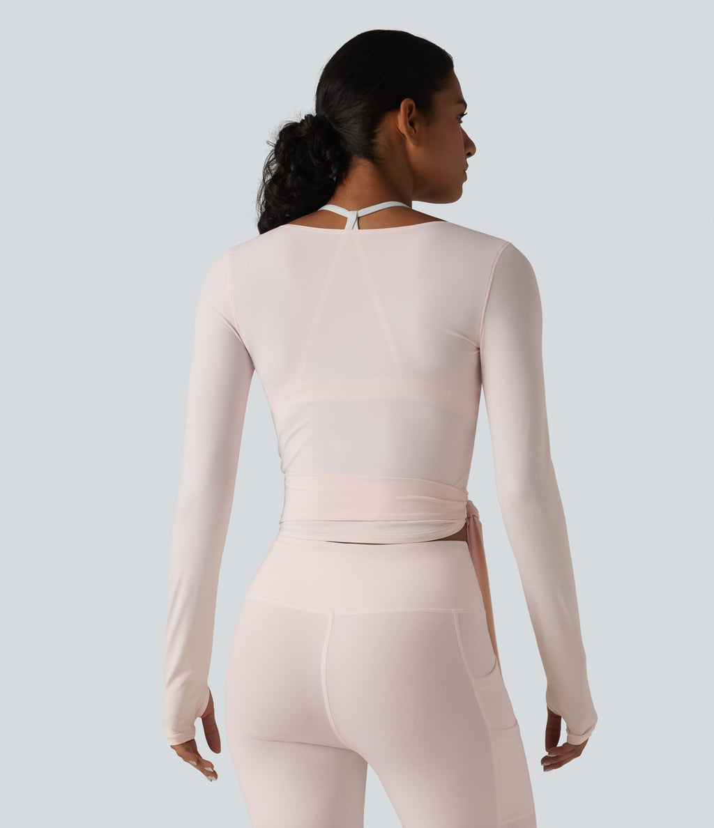Haut de yoga à manches longues et bretelles croisées, toucher doux, protection solaire UPF50+