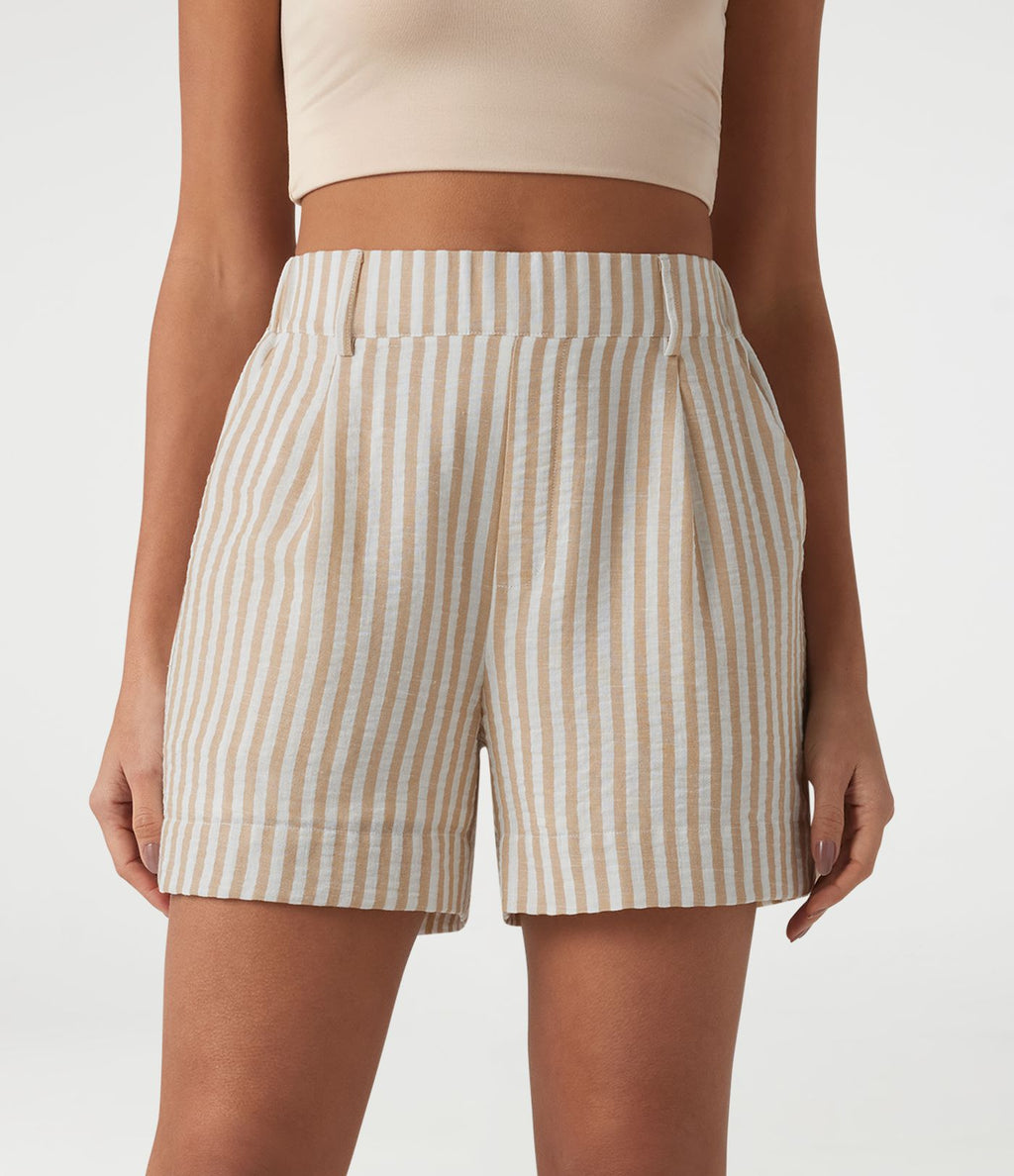 Short casual taille haute à rayures avec poches et aspect lin