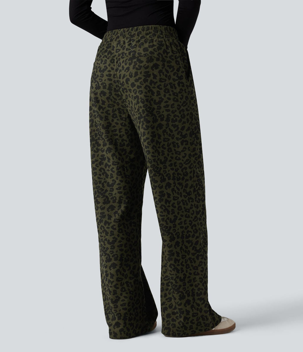 Pantalon léopard velours côtelé imprimé coupe droite mop taille haute avec poches