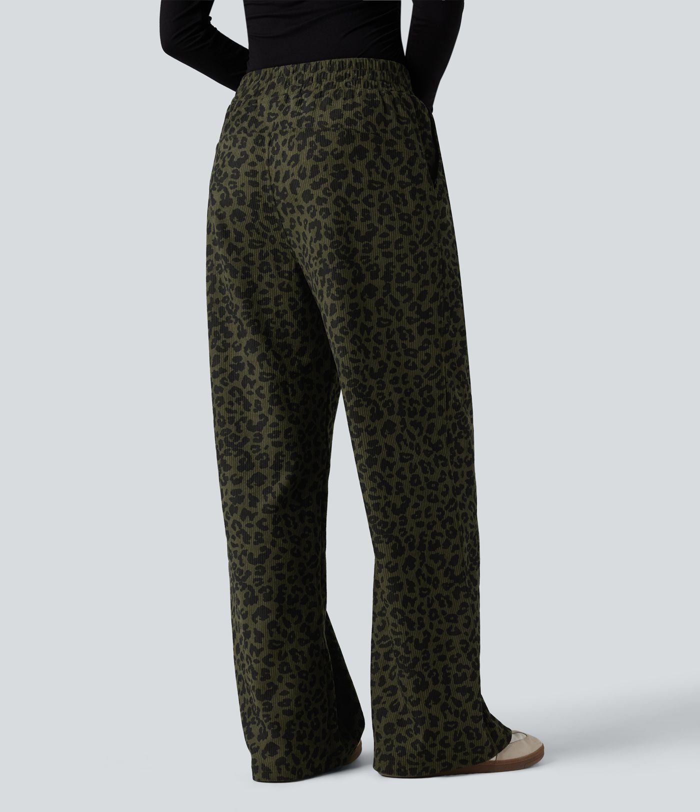 Pantalon léopard velours côtelé imprimé coupe droite mop taille haute avec poches