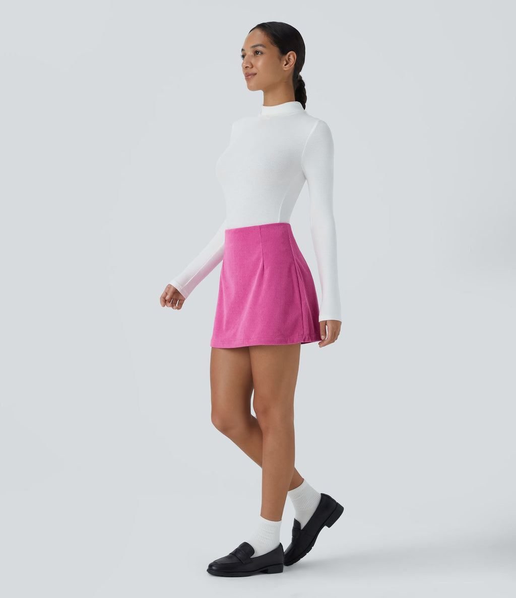 Mini-Jupe Casual en Velours Côtelé 2 en 1 Fermeture Éclair Invisible Taille Haute