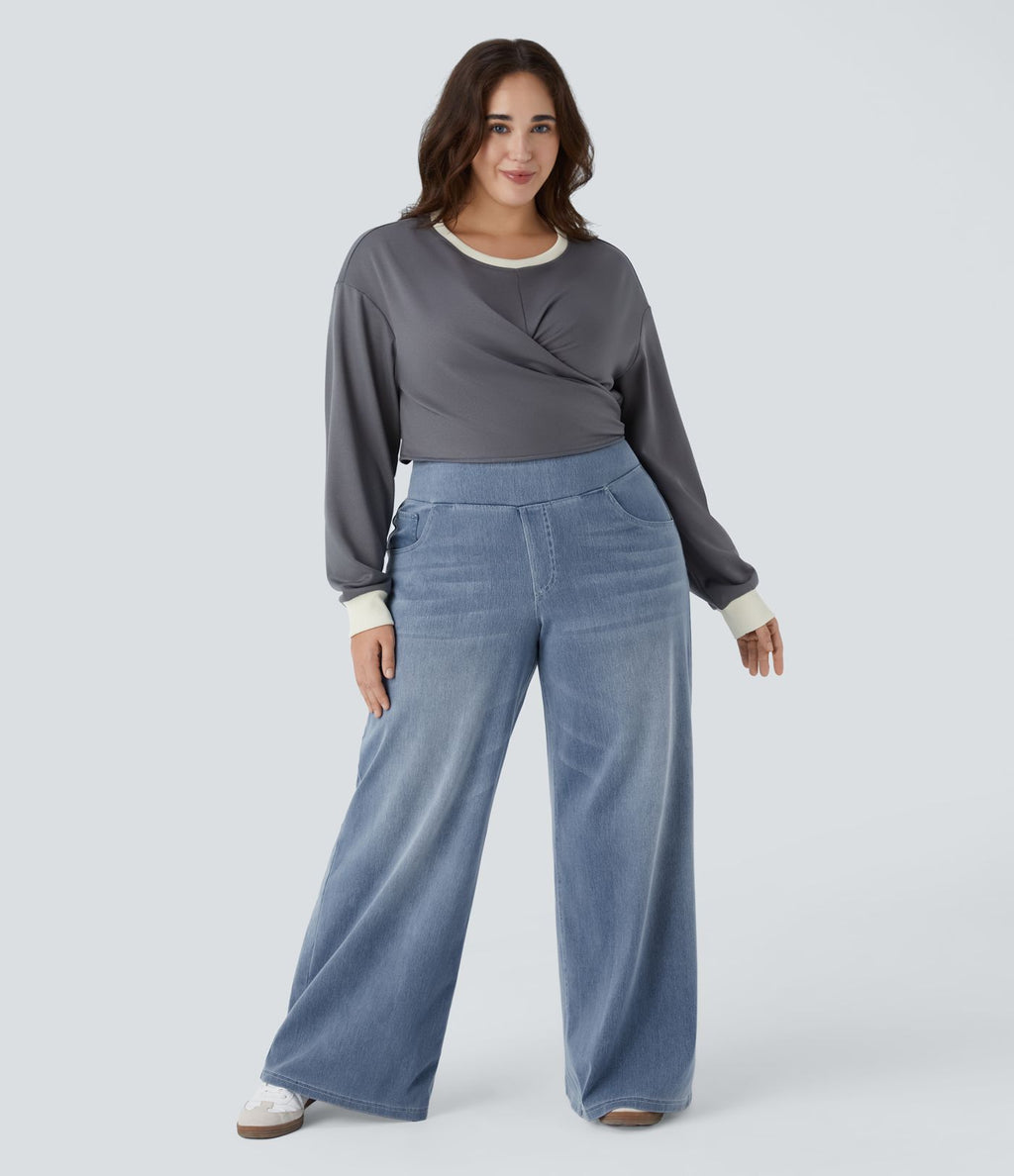 Halara Flex™ Jeans Larges Casual Taille Haute Multiples Poches Lavés Élastiques et Tricotés Grande Taille