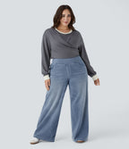 Halara Flex™ Jeans Larges Casual Taille Haute Multiples Poches Lavés Élastiques et Tricotés Grande Taille