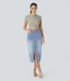 Halara Flex™ Jupe en Jean Casual Mi-Longue Délavé Extensible Plusieurs Poches Taille Haute
