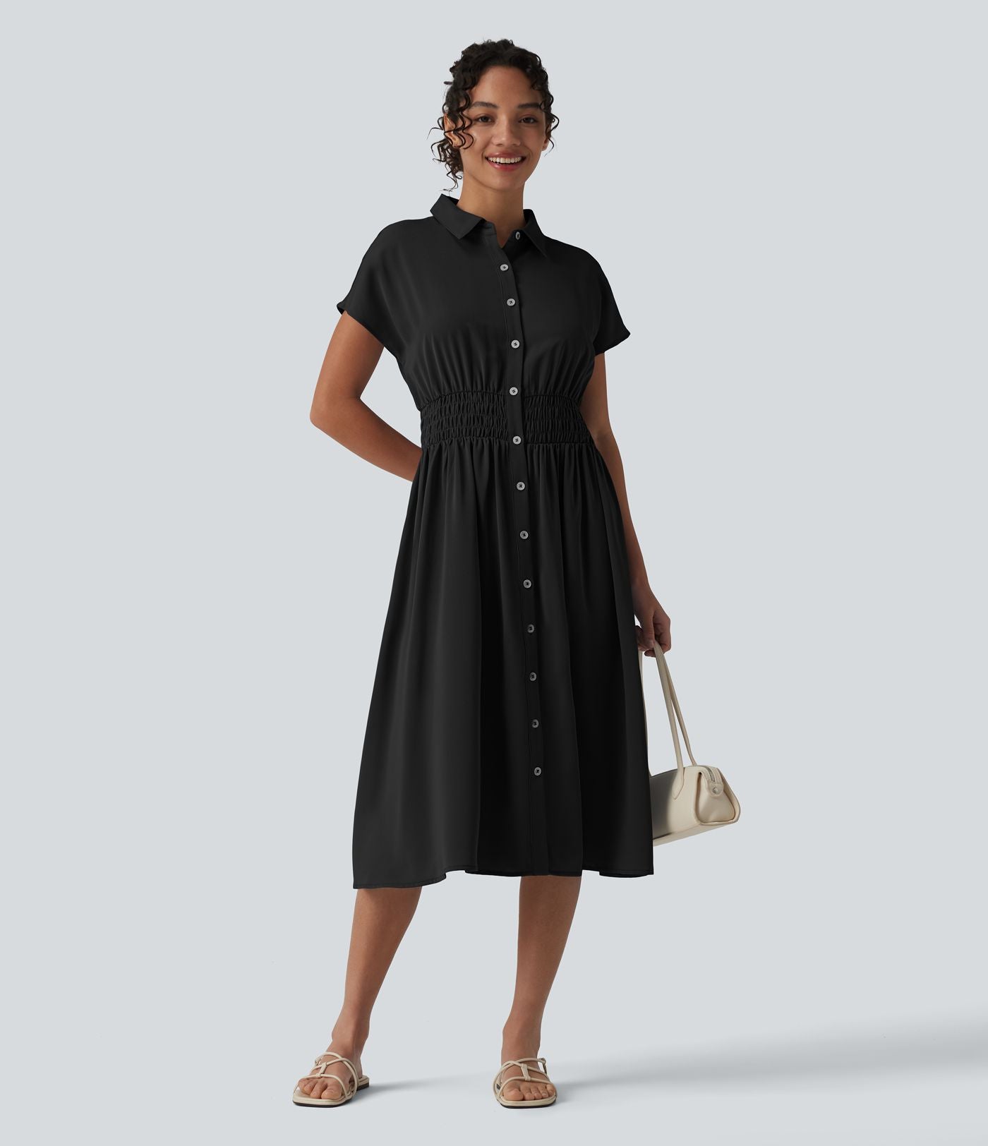 Robe-chemise midi défroissage facile avec manches courtes