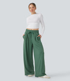 Pantalon large décontracté chiné taille mi-haute avec cordon et poches