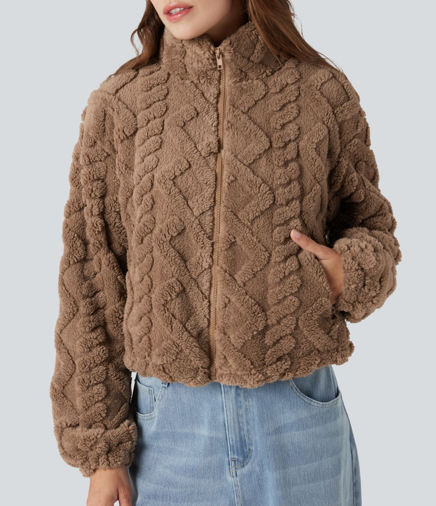 Veste sherpa col montant avec fermeture éclair et poches