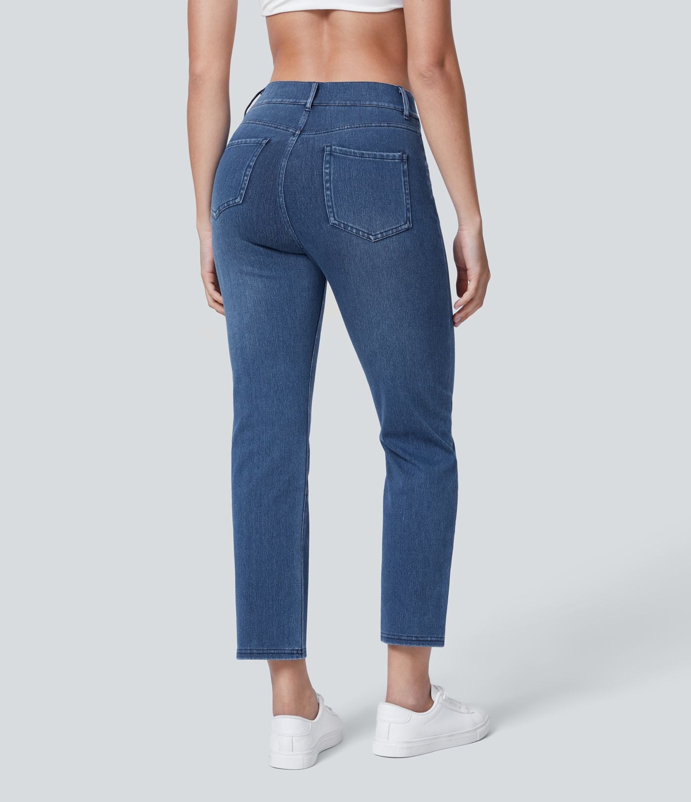 HalaraMagic™ Jean 7/8 Travail en Tricot Extensible Lavé à Jambes Droites et Poches Multiples à Taille Mi-Haute