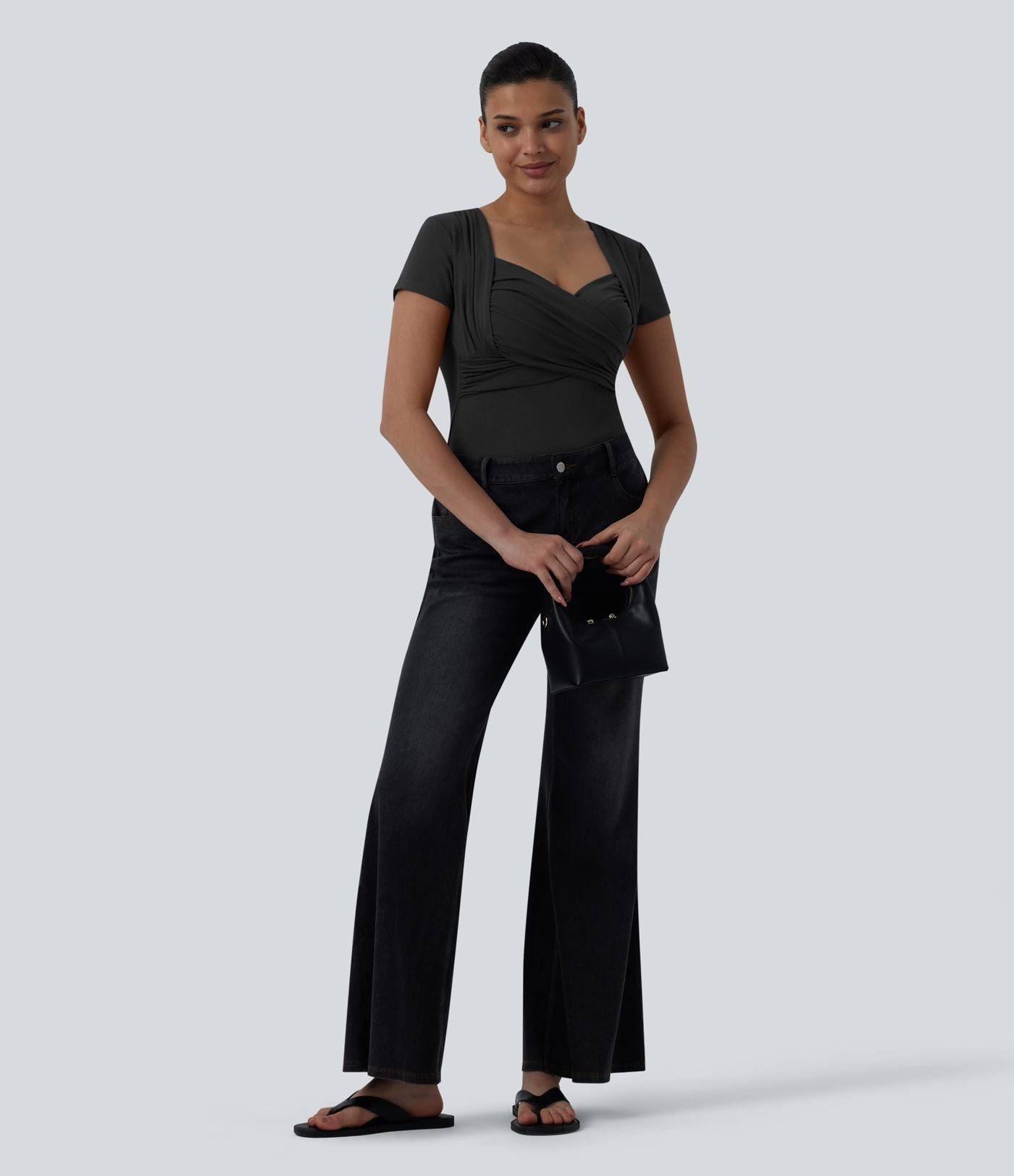 Top casual décolleté cœur manches courtes croisé avec fronces