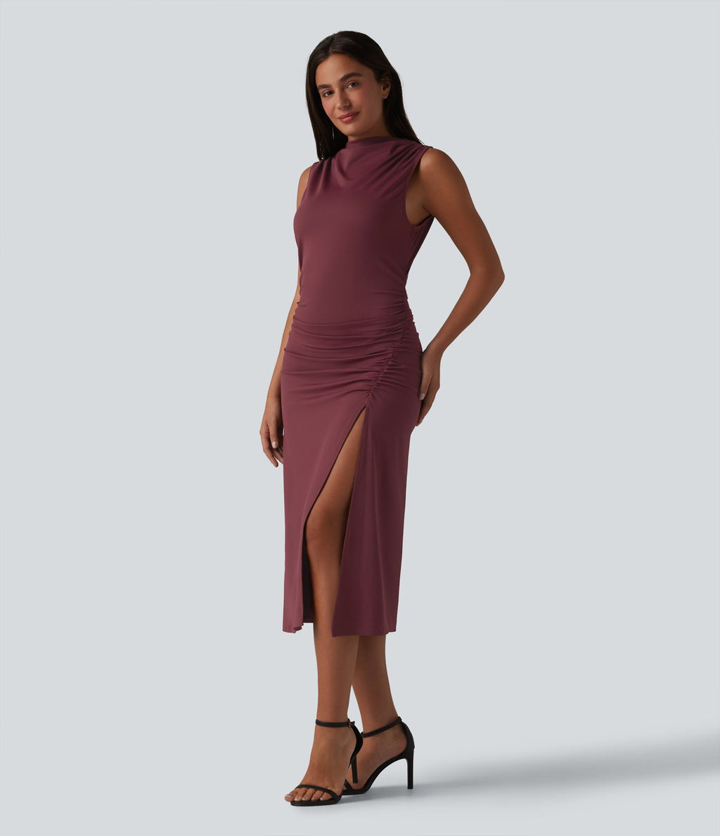 Robe décontractée moulante mi-longue col cheminée sans manches avec fermeture éclair invisible froncée et fente
