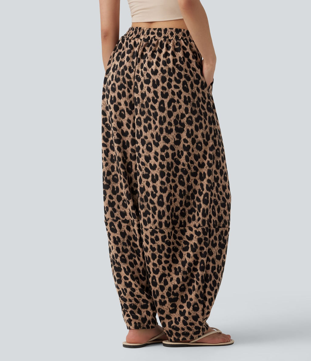 Jogging casual fluide gaufré imprimé léopard taille haute avec poches