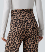 Pantalon large décontracté taille haute gaufré imprimé léopard avec poches