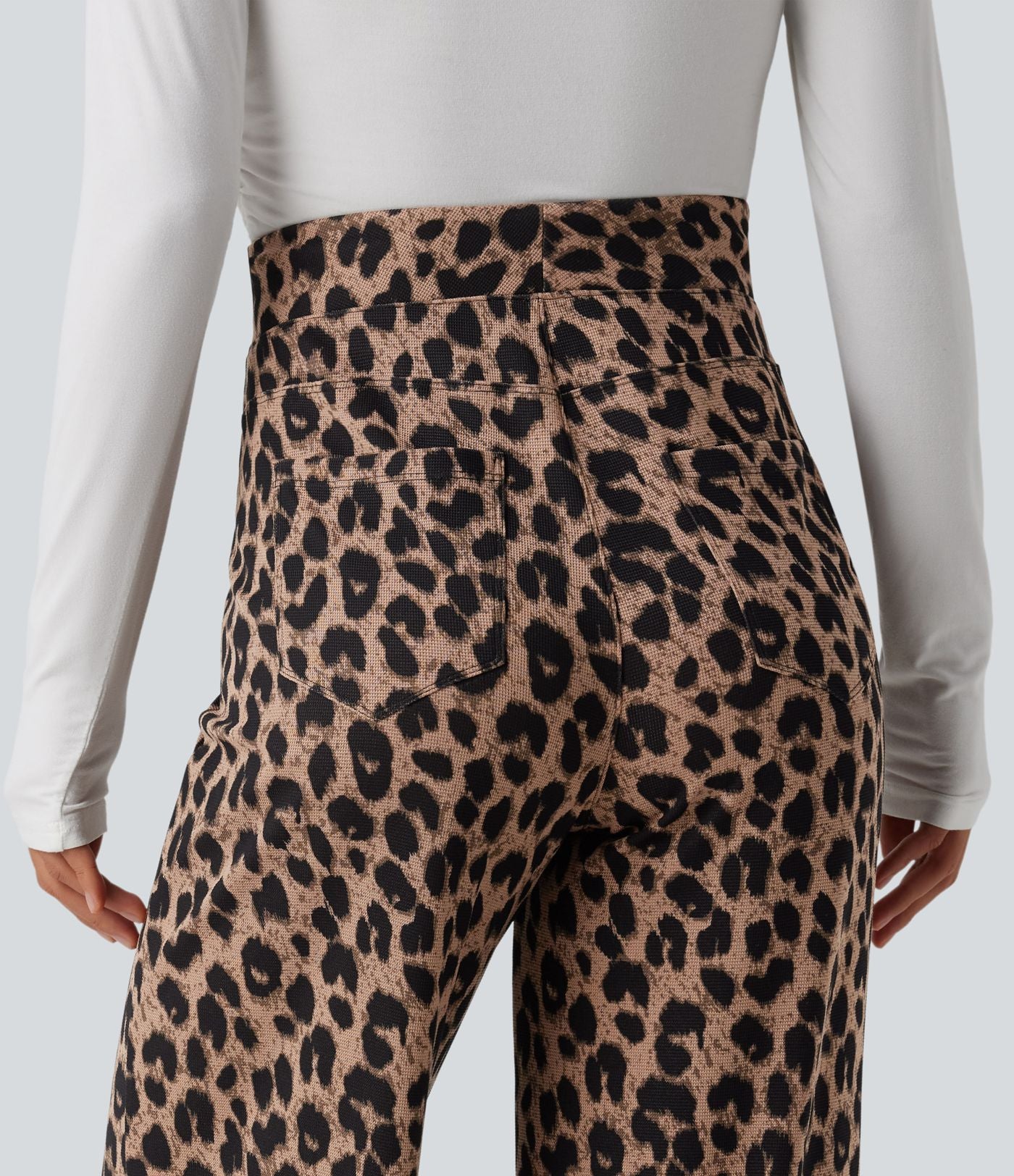 Pantalon large décontracté taille haute gaufré imprimé léopard avec poches