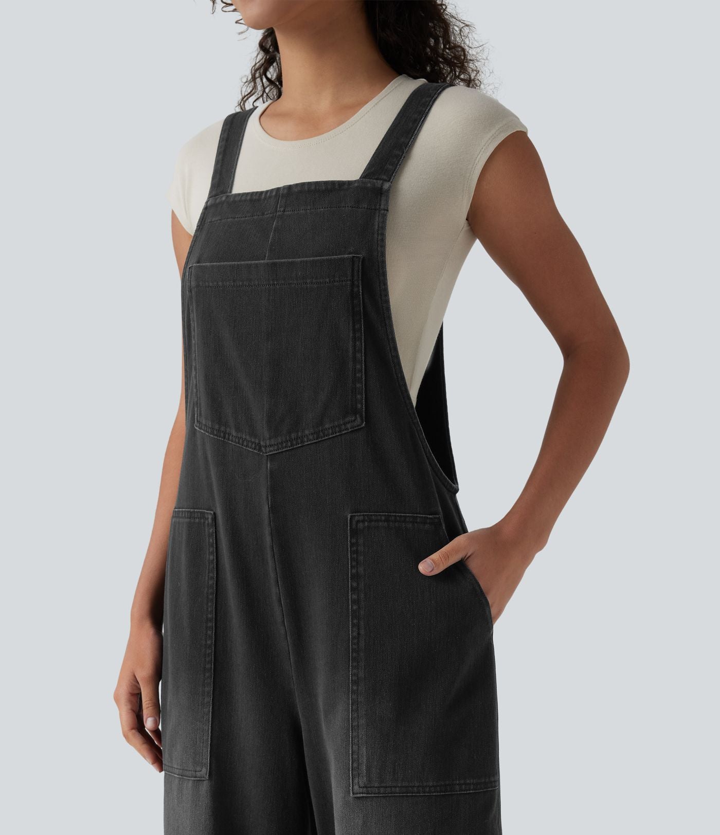Salopette denim Halara Flex™ col carré effet délavé avec poches