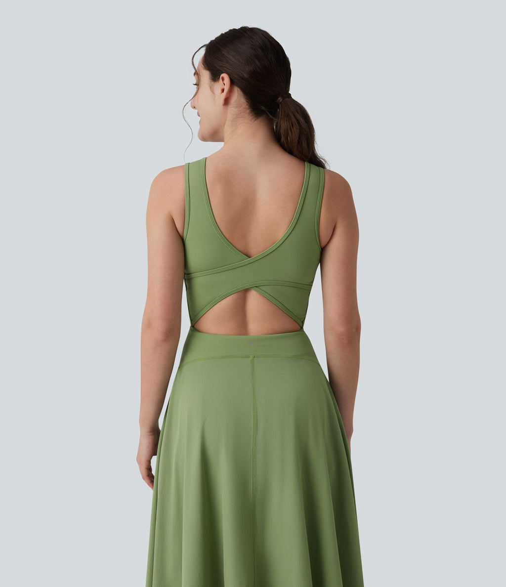 Robe de sport danse mi-longue Breezeful™ col carré dos nu croisé avec brassière intégrée 2-en-1 séchage rapide et poche - Easy Peasy