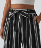 Pantalon large taille haute à rayures avec ceinture et poches