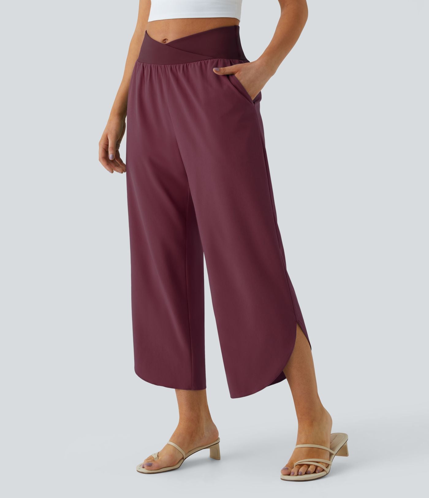 Breezeful™ Pantalon Fluide Vacances Séchage Rapide Taille Haute Croisée Poches Latérales Plissées Fente