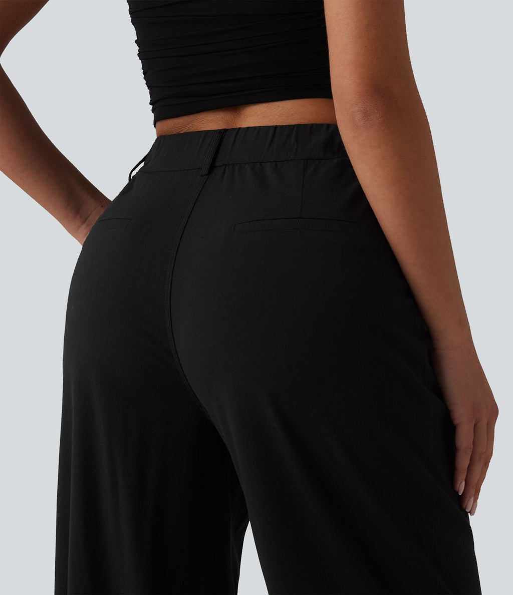Pantalon taille haute casual en lin stretch coupe droite avec poches