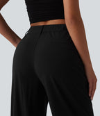 Pantalon taille haute casual en lin stretch coupe droite avec poches