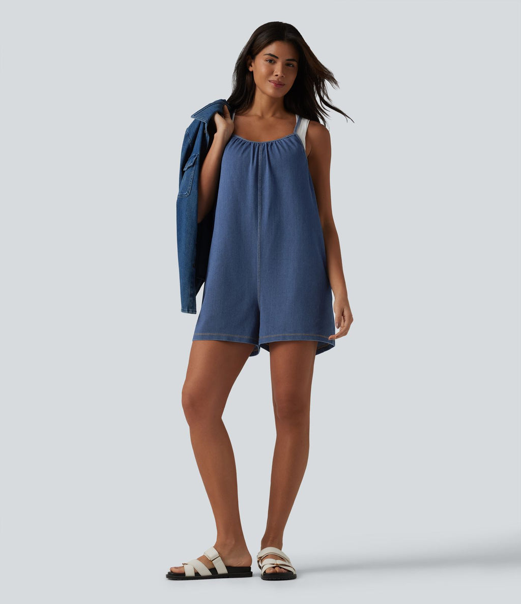 Combinaison-short décontractée en denim à col rond et poches Halara Flex™