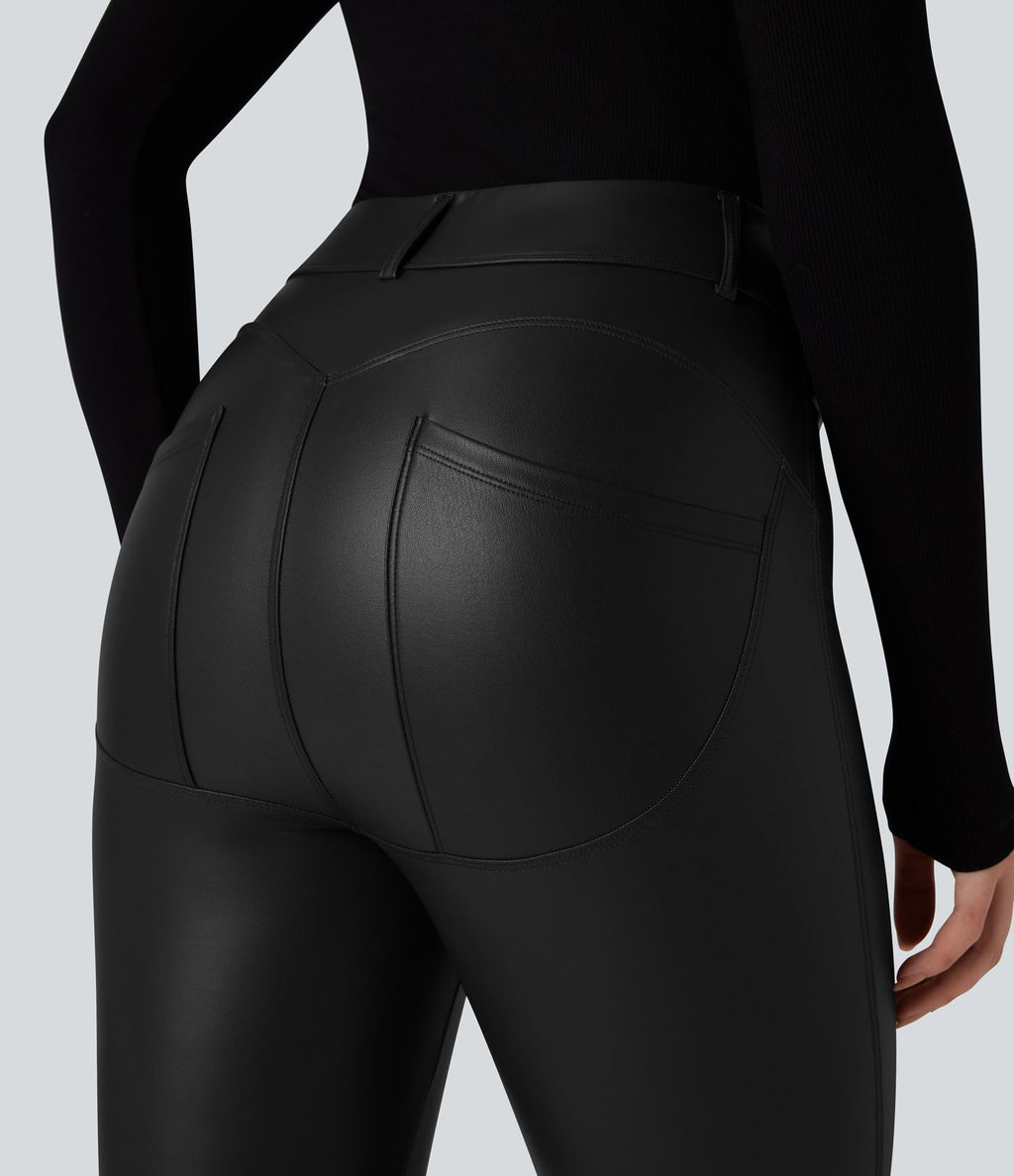 Pantalon polaire simili cuir extensible taille haute avec poches