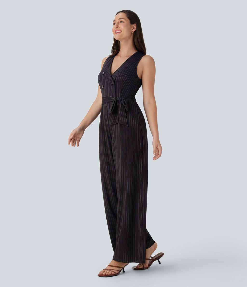 Combinaison tailleur sans manches à col V, ceinturée, avec zip invisible, rayures et effet frais avec poches, accès facile Easy Peasy