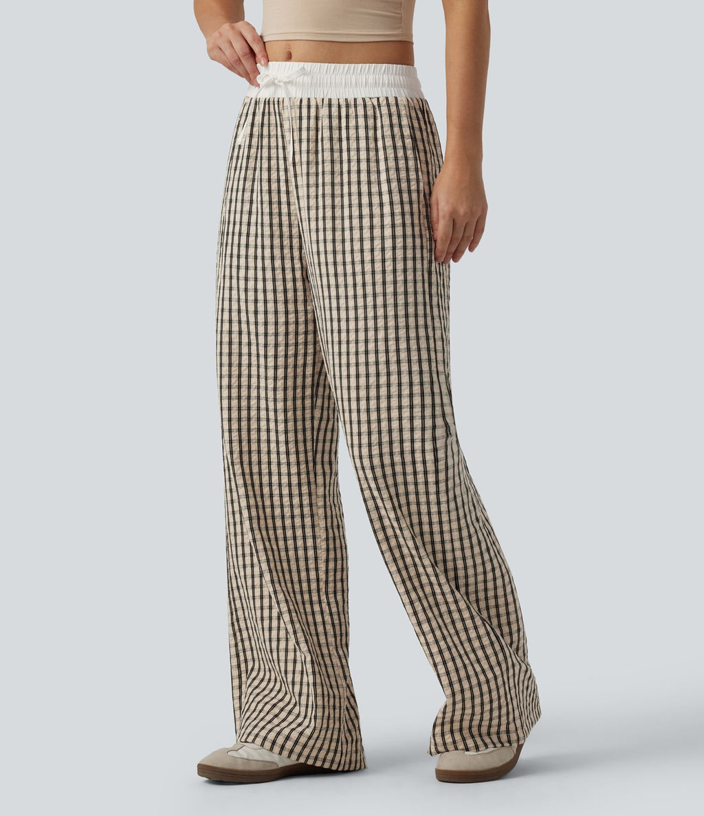 Pantalon large décontracté à carreaux taille mi-haute avec cordon de serrage et poches