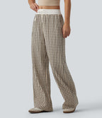 Pantalon large décontracté à carreaux taille mi-haute avec cordon de serrage et poches