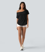Top de sport yoga asymétrique à épaule dénudée manches courtes ourlet arrondi et coupe asymétrique à séchage rapide – Soutien-gorge intégré