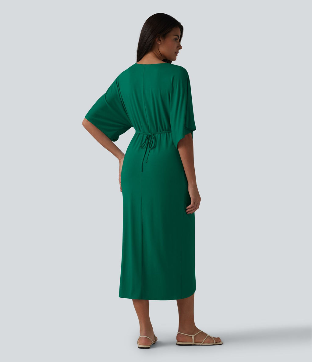 Robe midi col V manches chauve-souris ourlet tulipe torsadé