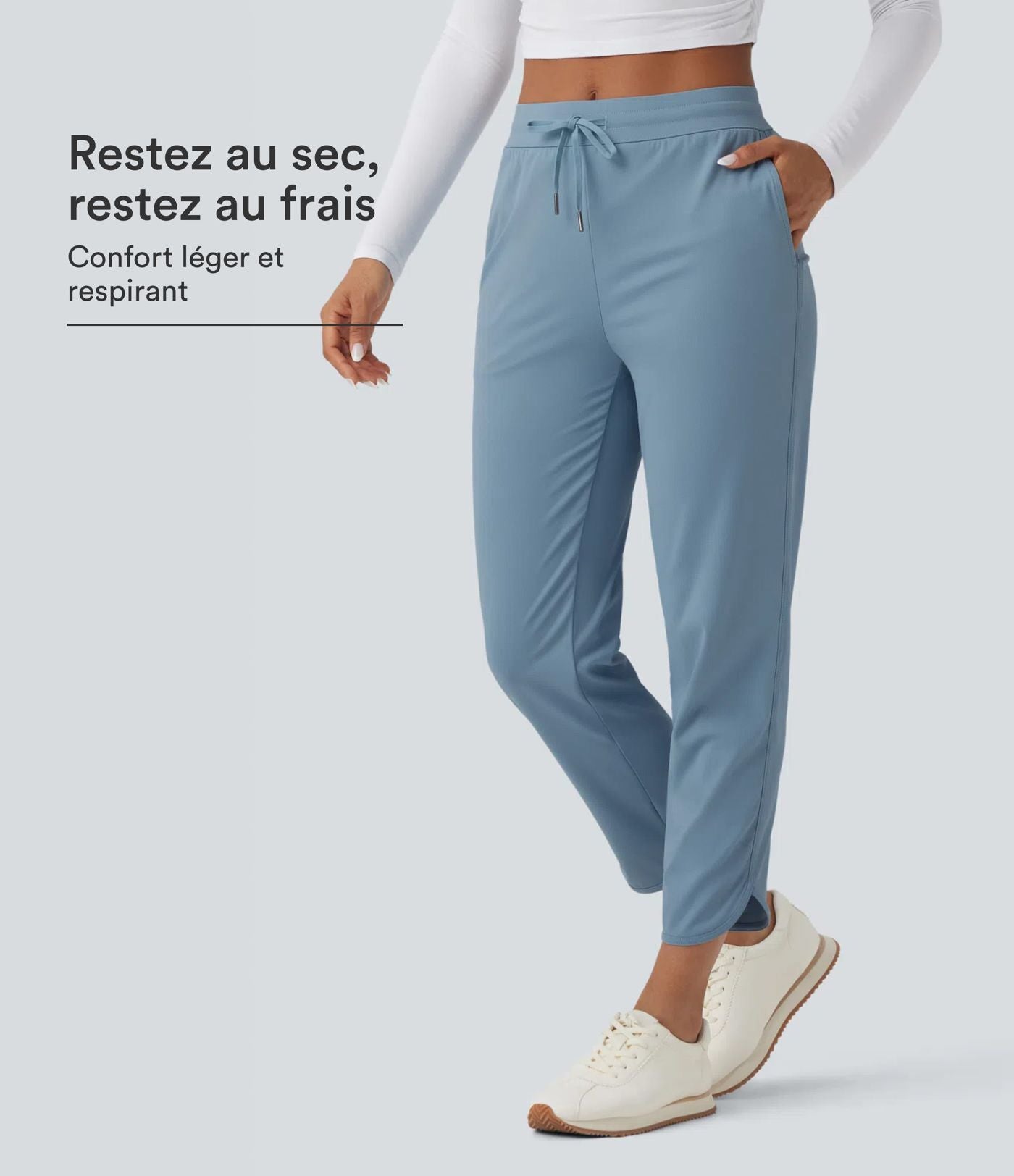 Pantalon de golf fuselé, taille mi-haute, cordon, ourlet courbé, séchage rapide, avec poches—UPF40+