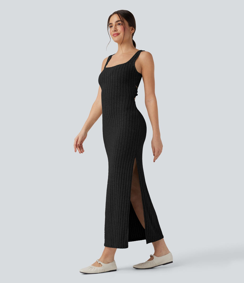 Robe longue moulante décontractée maille côtelée col carré sans manches dos torsadé avec fente