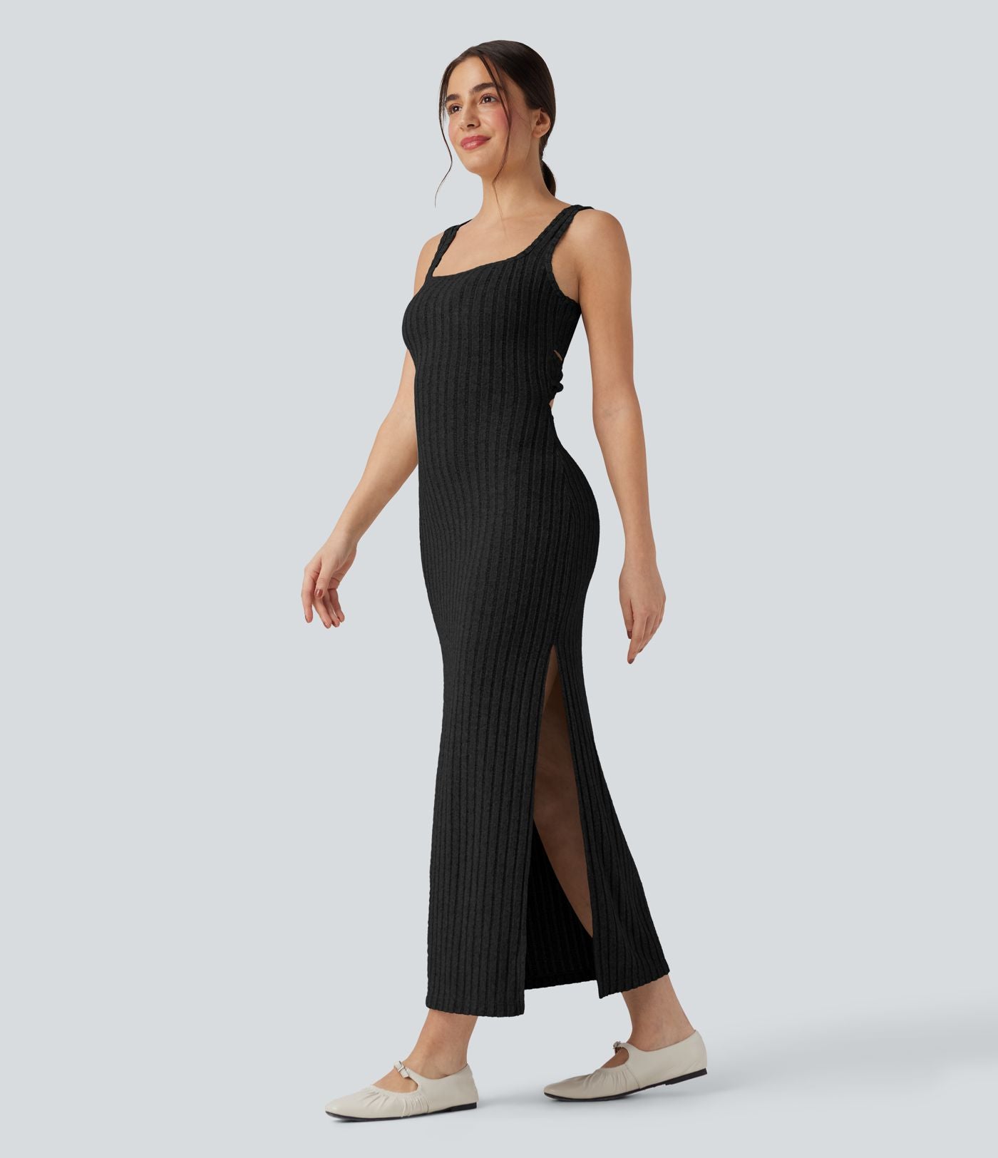 Robe longue moulante décontractée maille côtelée col carré sans manches dos torsadé avec fente