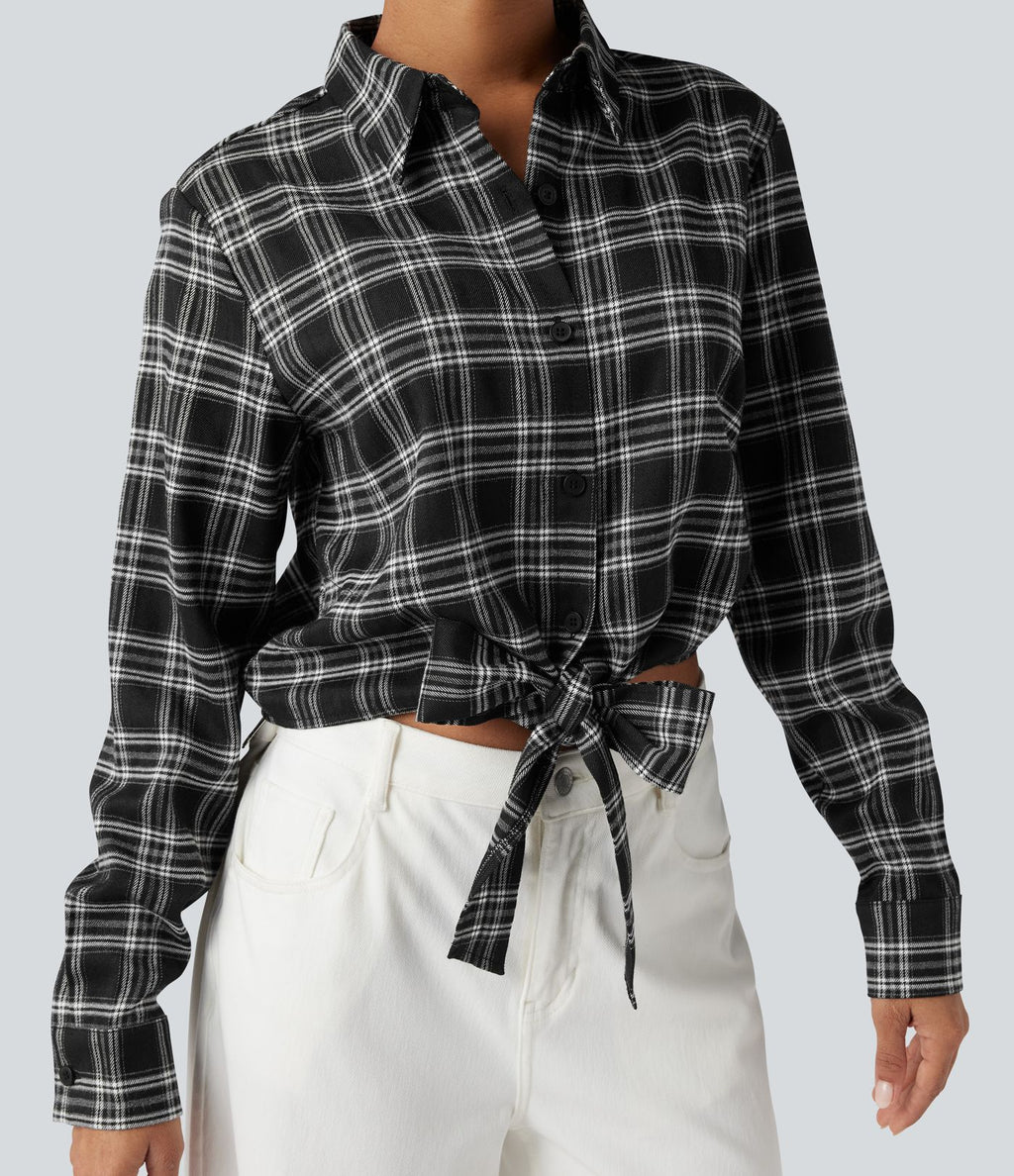 Chemise décontractée à carreaux, manches longues et nœud devant