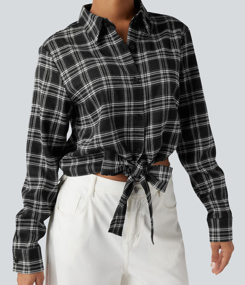 Chemise décontractée à carreaux, manches longues et nœud devant