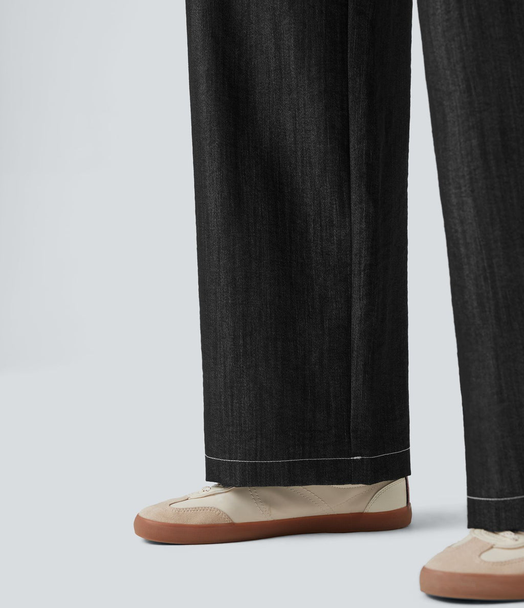 Pantalon décontracté large effet lin taille haute infroissable avec cordon et poches