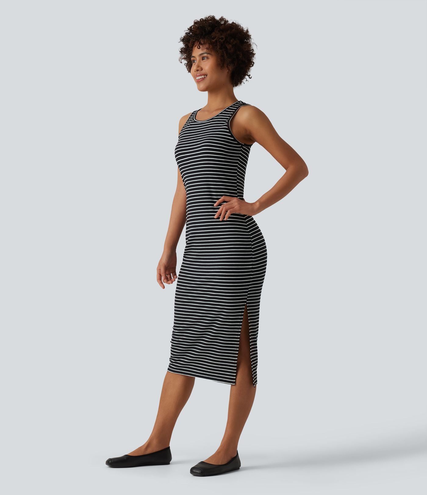 Robe midi moulante casual col rond sans manches à rayures