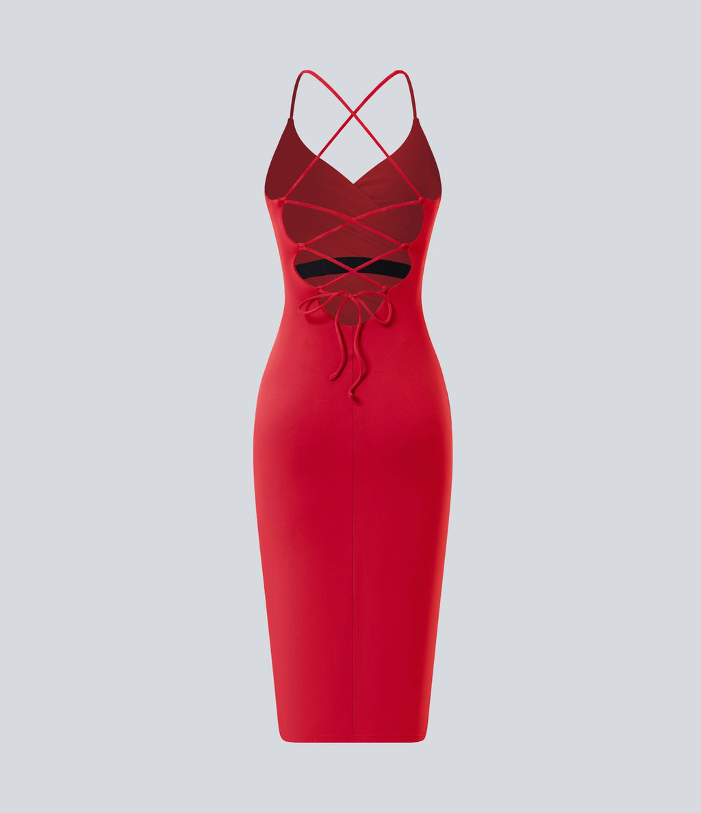 Robe moulante SoftlyZero™ Airy fendue à effet frais InstantCool, brassière intégrée, dos nu croisé à lacets, légèrement plissée pour invitée de mariage et demoiselle d'honneur