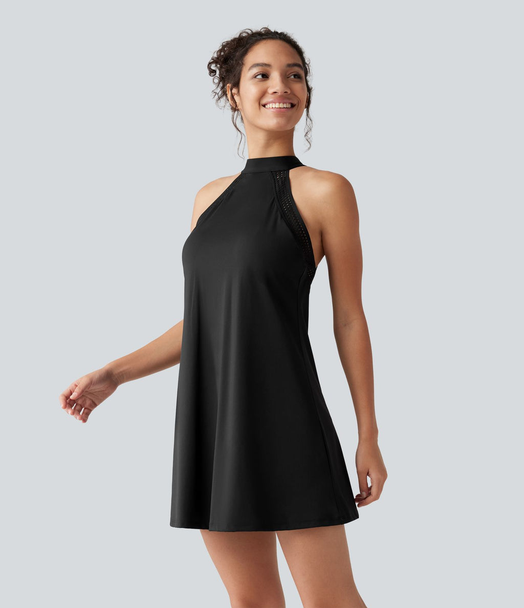 Robe-short mini SoftlyZero™ Airy effet frais InstantCool pour le yoga longueur allongée avec dos noué, coussinets amovibles, poche et protection solaire UPF50+